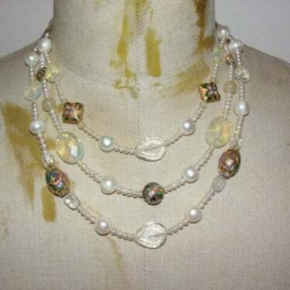 Miriam Haskell Brass Triple Strand Pearl Cloisonne Opalite...